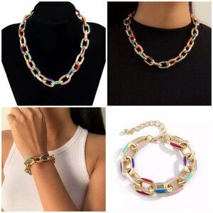 Vibrant Enamel Link Necklace & Bracelet Set – Gold-Tone Stainless Steel